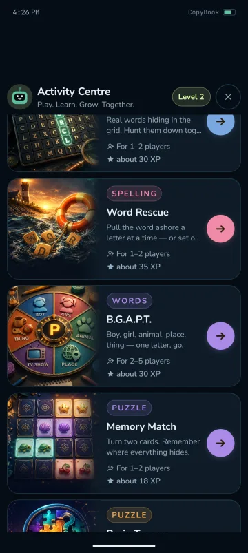 More of the Activity Centre in the CopyBook Android app: shelves of games including Word Rescue, B.G.A.P.T. and Memory Match.