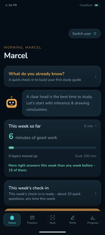 The CopyBook app's home screen for Marcel: a quick check of what Marcel already knows, a tip from Pip, six minutes of practice so far this week, and tabs for Home, Practice, Scan, Write and Progress.