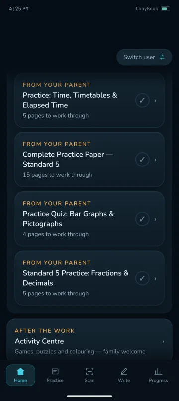 The Sent work screen in the CopyBook Android app: practice from a parent, including time, timetables and elapsed time, a complete Standard 5 practice paper, a bar graphs and pictographs quiz, and Standard 5 fractions and decimals, then the Activity Centre with games, puzzles and colouring after the work.