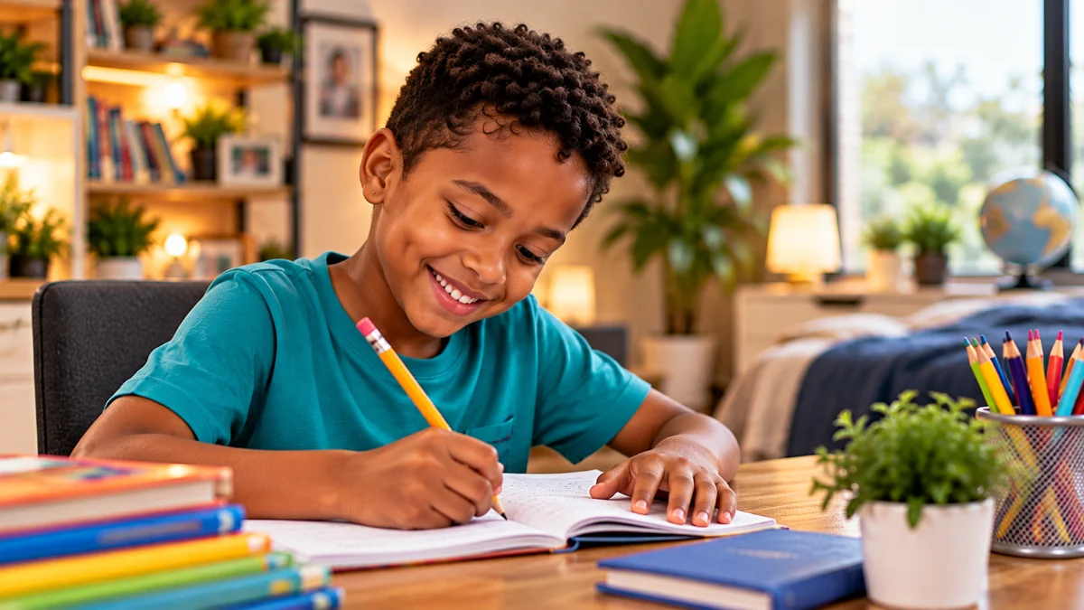 A boy at a desk at home, smiling as he writes in his copybook