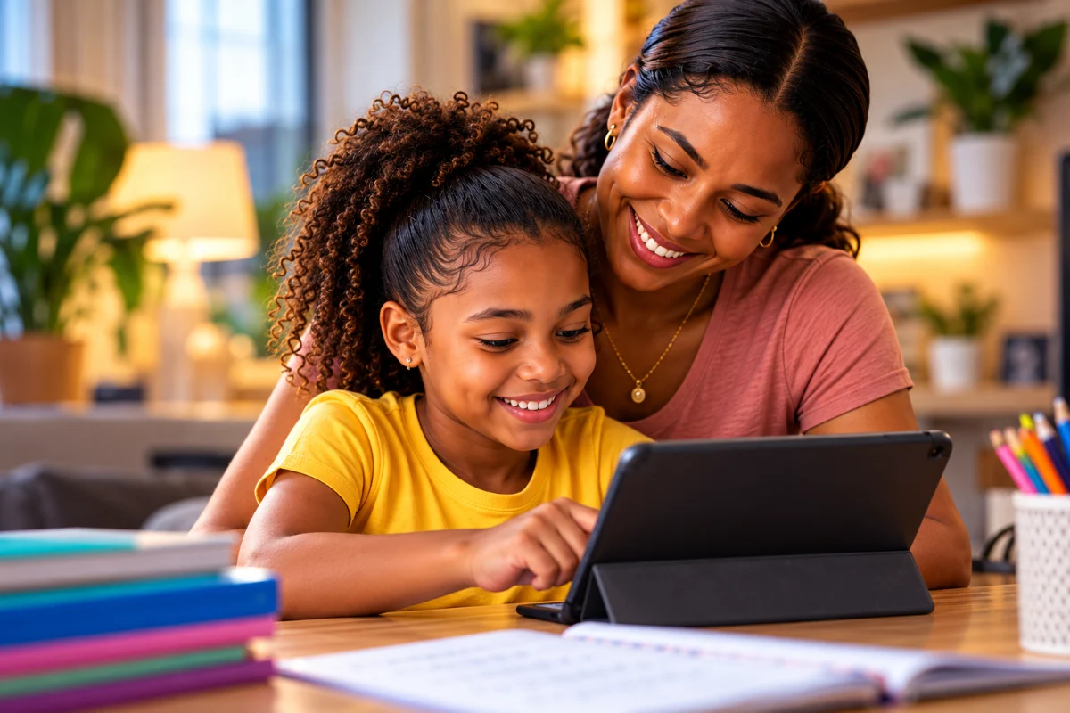 A mother and her daughter at a table at home, smiling at the tablet the girl is tapping