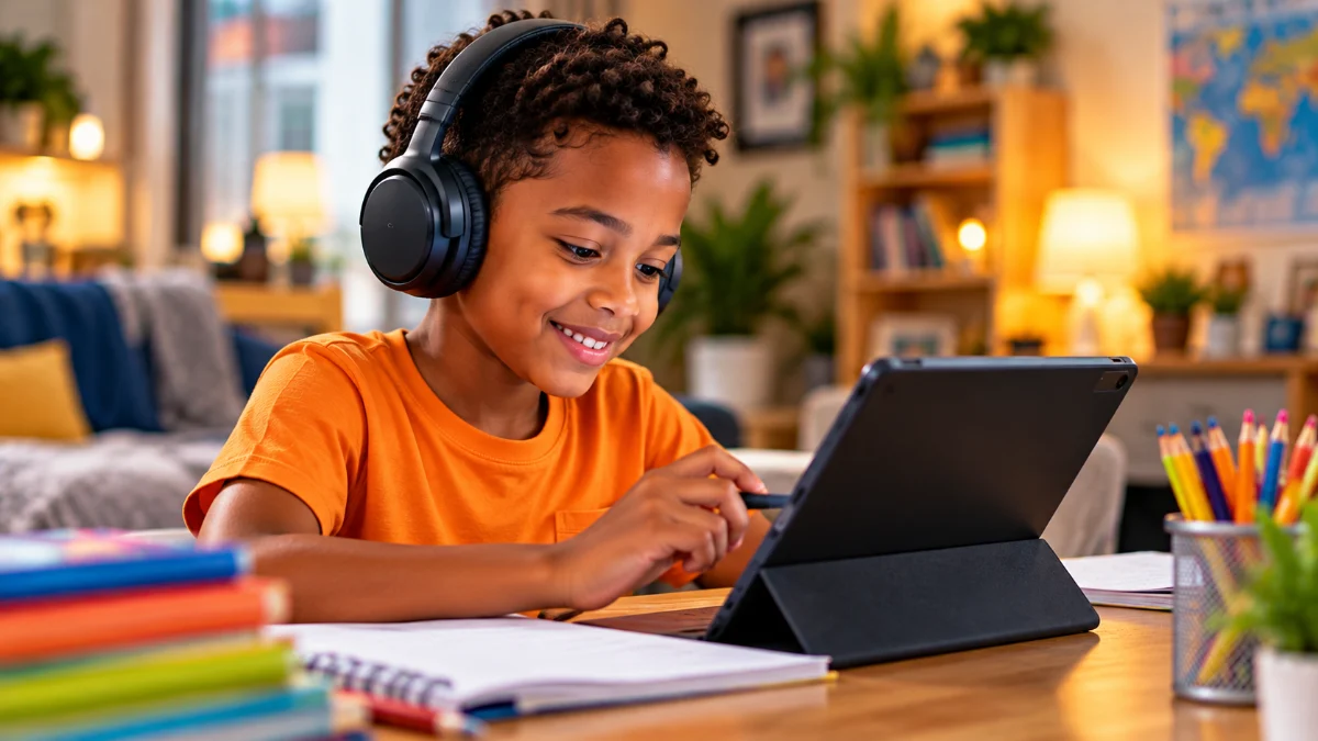 A boy wearing headphones at a table at home, working on a tablet with a pencil in his hand