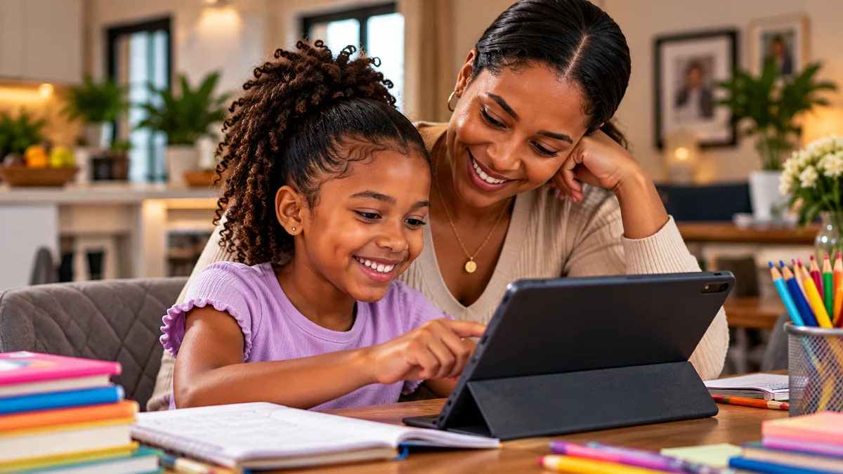 A mother and her daughter at the kitchen table, looking at a tablet together with a copybook open beside them